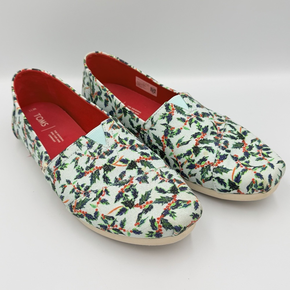 TOMS Womens 11 Holly Print Slip On Shoes‎ Holiday Cottagecore Flats Christmas